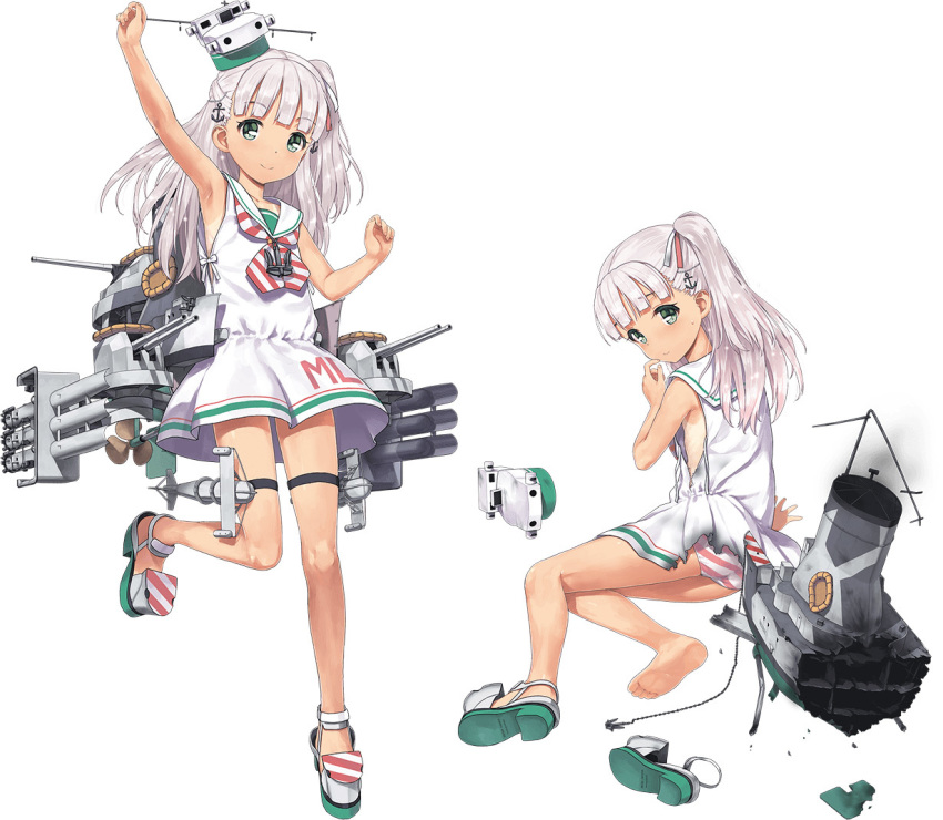 arm_up ass dress green_eyes jiji kantai_collection long_hair maestrale_(kantai_collection) multiple_views official_art panties sailor_dress silver_hair sleeveless sleeveless_dress smile smoke smokestack stitched striped striped_panties third-party_edit torn_clothes torn_dress underwear white_dress