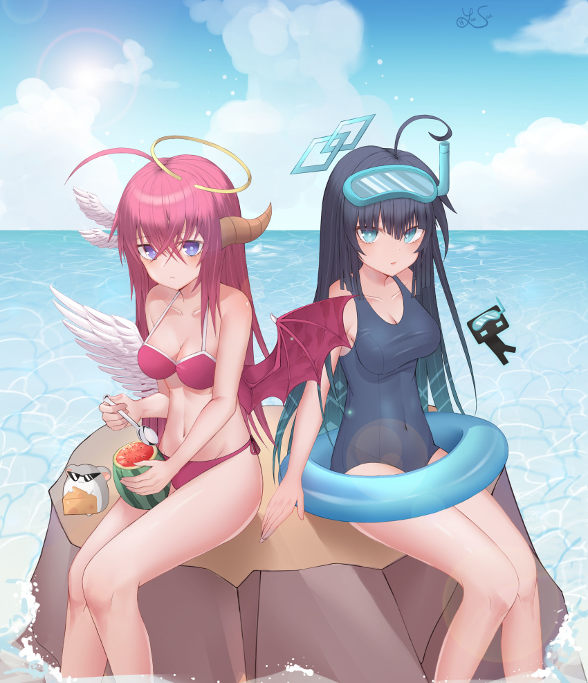 2girls absurdres ahoge angel_wings animal bikini black_hair blue_eyes blue_swimsuit breasts cheese cloud collarbone commentary day demon_wings eating english_commentary feathers feet_out_of_frame food frown fruit halo hamster highres holding horns looking_at_viewer medium_breasts melon multiple_girls navel ocean original pink_hair red_bikini red_wings sitting spoon stone sunglasses swimsuit water wings yansae81