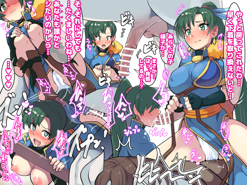 1girl bar_censor bestiality blush boris_(noborhys) breasts censored cum cum_in_pussy fellatio fire_emblem fire_emblem:_rekka_no_ken fire_emblem_heroes green_eyes green_hair horse interspecies large_breasts lyndis_(fire_emblem) nintendo nipples oral pussy_juice sex translation_request vaginal