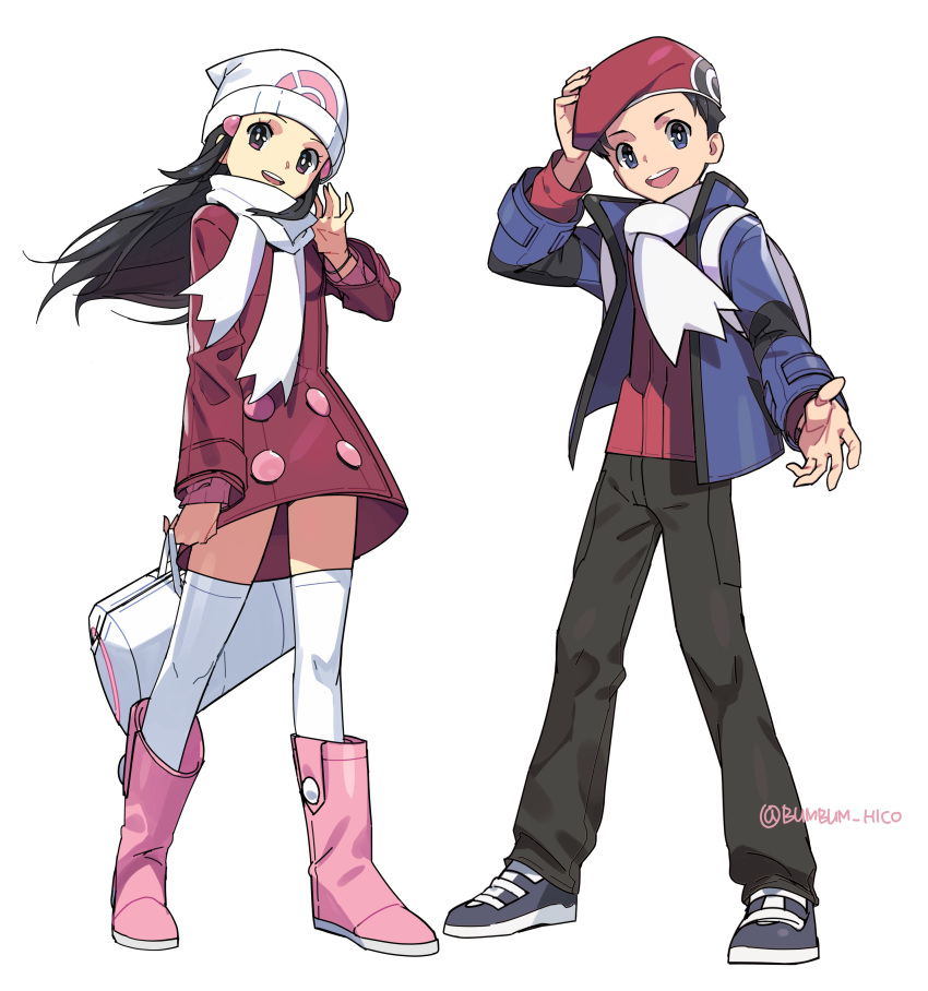 1girl absurdres adjusting_headwear arm_up artist_name backpack bag beanie black_eyes black_hair black_pants blue_eyes blue_jacket boots bracelet bumbum_hico coat duffel_bag flat_chest full_body grey_footwear hair_ornament hairclip hand_up happy hat highres hikari_(pokemon) holding jacket jewelry kouki_(pokemon) long_hair long_sleeves open_mouth outstretched_arm pants pink_footwear poke_ball_symbol poke_ball_theme pokemon pokemon_(game) pokemon_dppt pokemon_platinum red_coat red_hat red_shirt scarf shirt short_hair simple_background smile standing teeth thighhighs twitter_username waving white_background white_hat white_legwear white_scarf winter_clothes