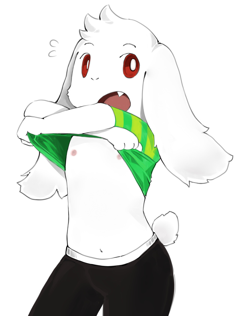 2016 asriel_dreemurr clothing cute_fangs looking_at_viewer male mmmentha navel nipples pants red_eyes shirt solo swear undertale undressing video_games young