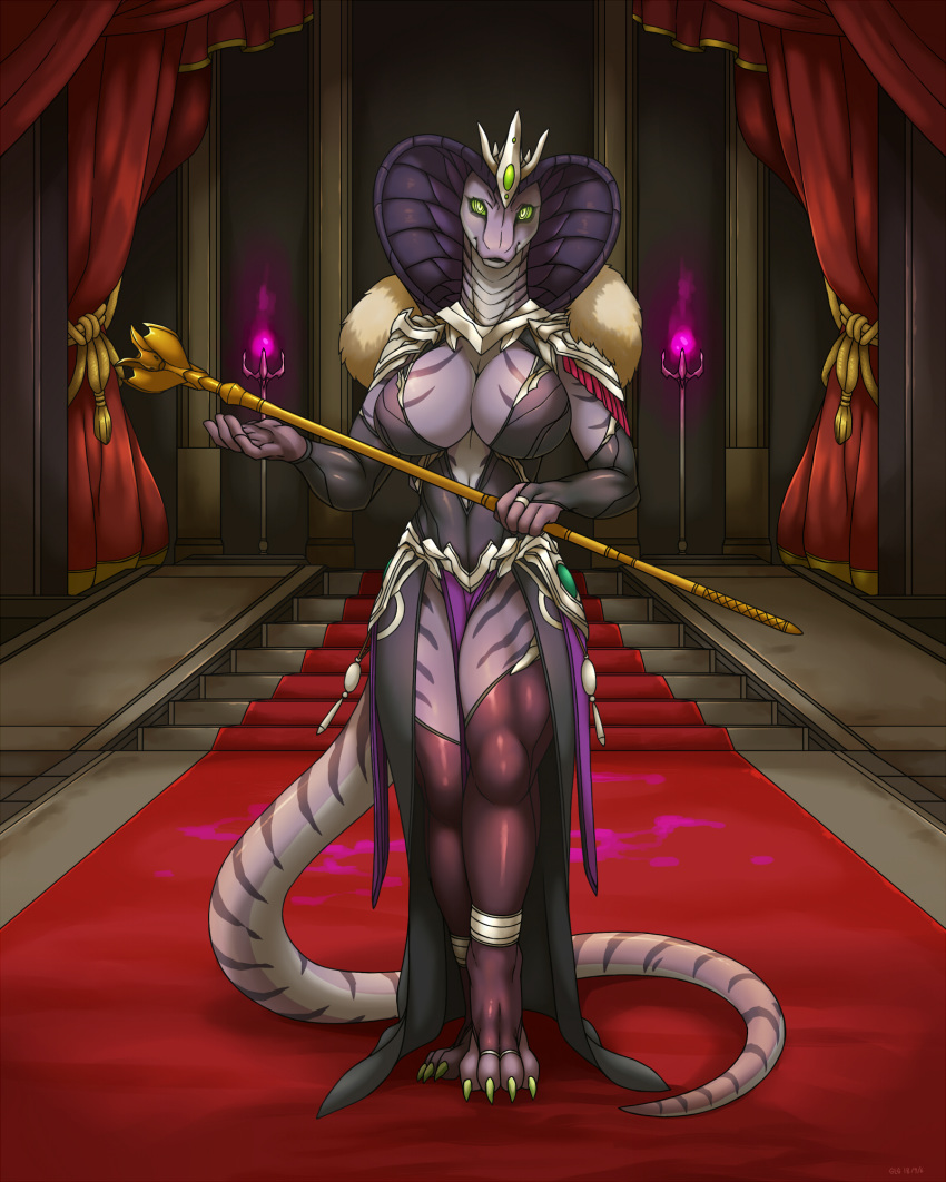 2018 4_toes anthro big_breasts breasts carpet cleavage clothed clothing cobra crown digital_media_(artwork) female fire fur green_eyes inside legwear link2004 pink_skin purple_skin queen reptile royalty scalie snake snake_hood solo stairs standing stockings toes venora_(epicdragon55)