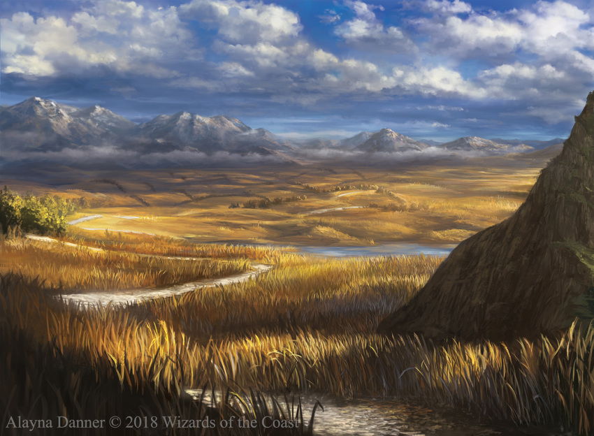 blue_sky cloud cloudy_sky commentary day english_commentary field grass landscape magic:_the_gathering mountainous_horizon nature no_humans official_art outdoors path river road scenery signature sky watermark