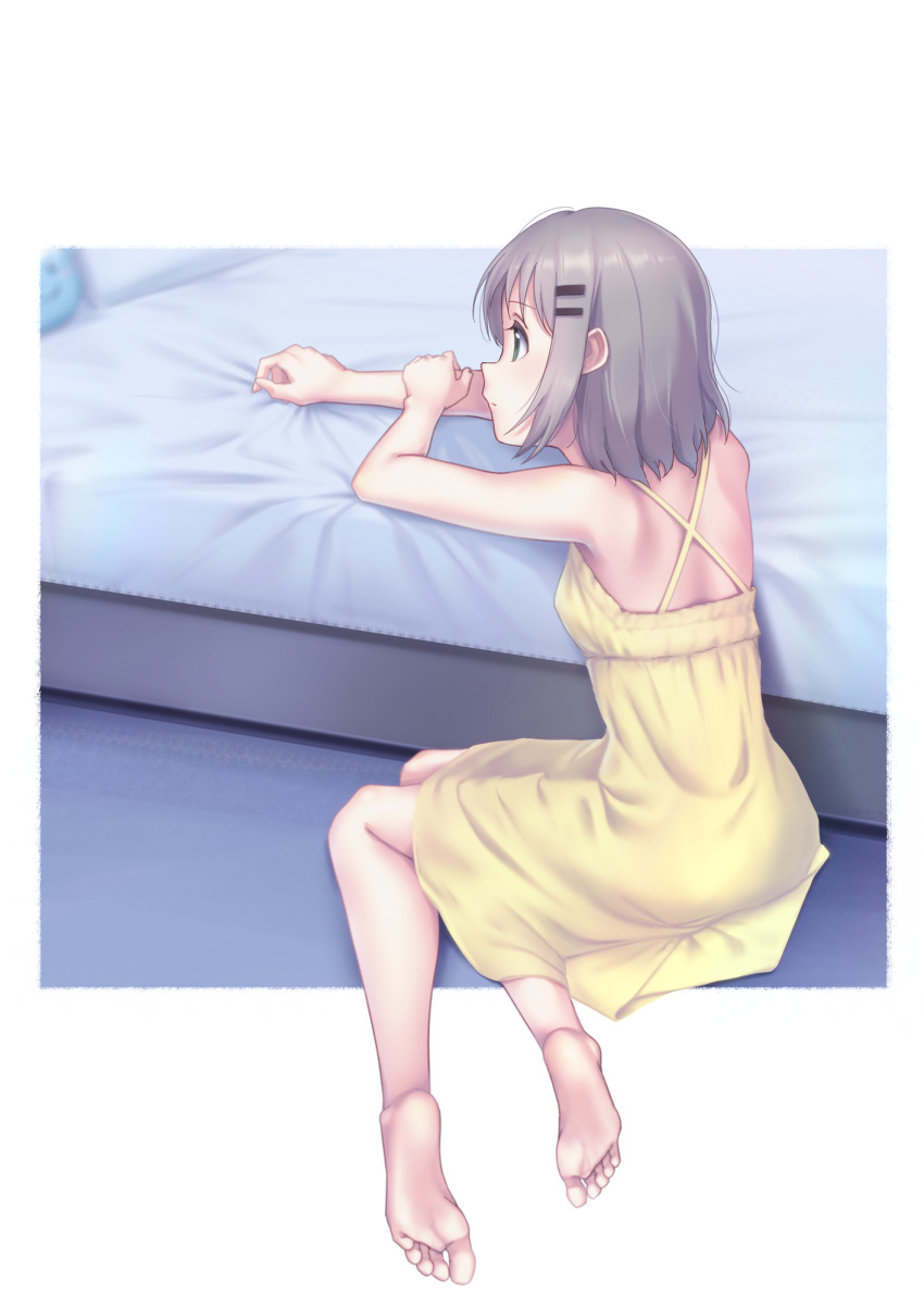 back bare_arms barefoot bed bed_sheet dress feet frame from_side green_eyes grey_hair hair_ornament hairclip highres holding_own_arm indoors looking_away meda pillow short_hair sitting sleeveless sleeveless_dress solo sundress yama_no_susume yokozuwari yukimura_aoi