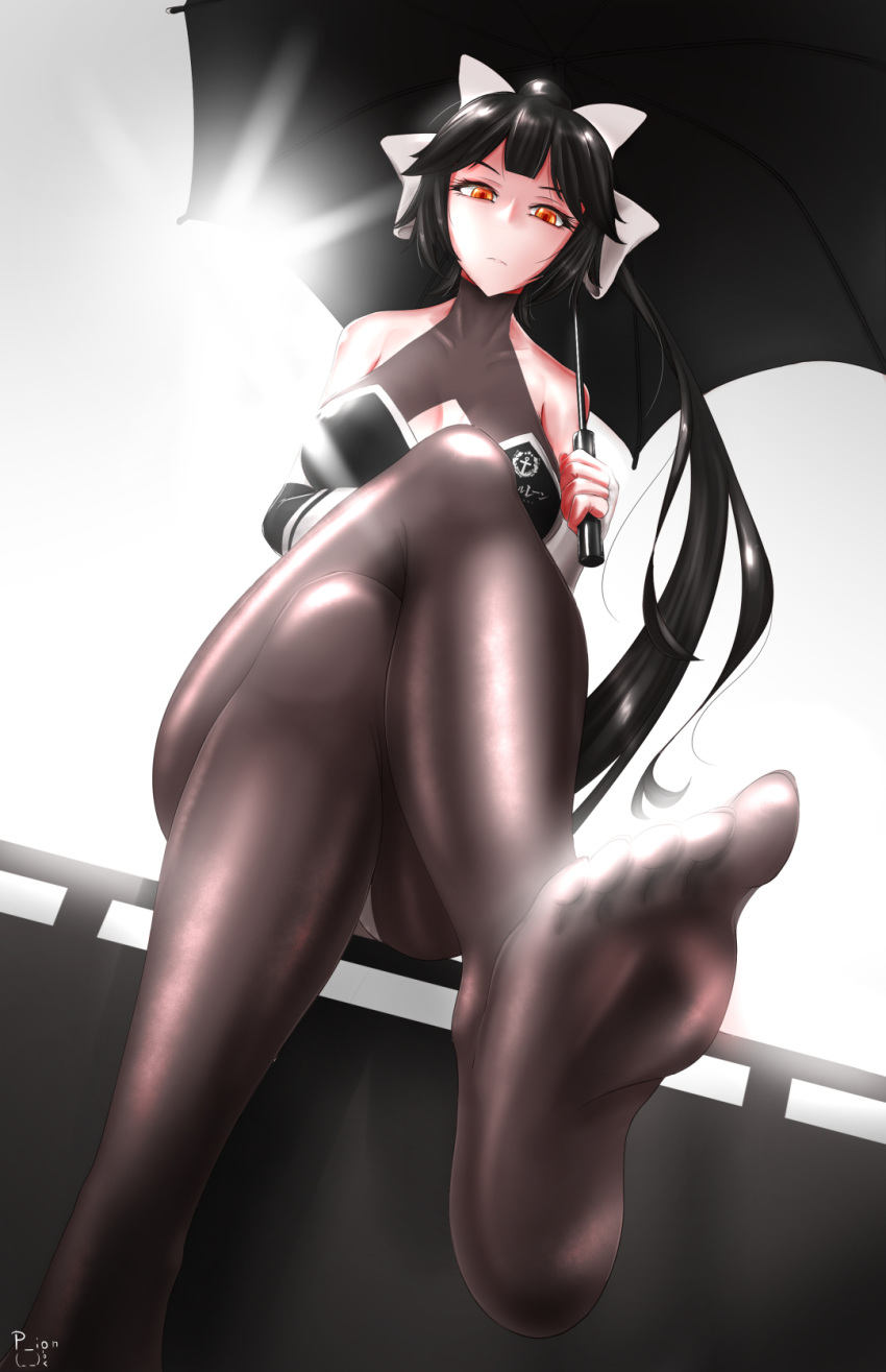 alternate_costume ass azur_lane bangs bare_shoulders black_hair black_legwear bow breasts brown_eyes cleavage commentary_request crossed_legs foot_up from_above hair_bow highres holding holding_umbrella large_breasts leotard long_hair looking_at_viewer no_shoes p_ion pantyhose ponytail race_queen sidelocks sitting solo takao_(azur_lane) umbrella very_long_hair white_bow