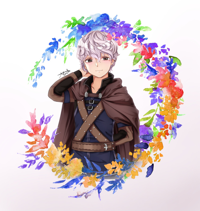 arm_behind_back artist_name belt brown_cape brown_eyes commentary_request eyebrows_visible_through_hair flower hand_up highres long_sleeves looking_at_viewer mabinogi male_focus monet930 silver_hair simple_background smile standing