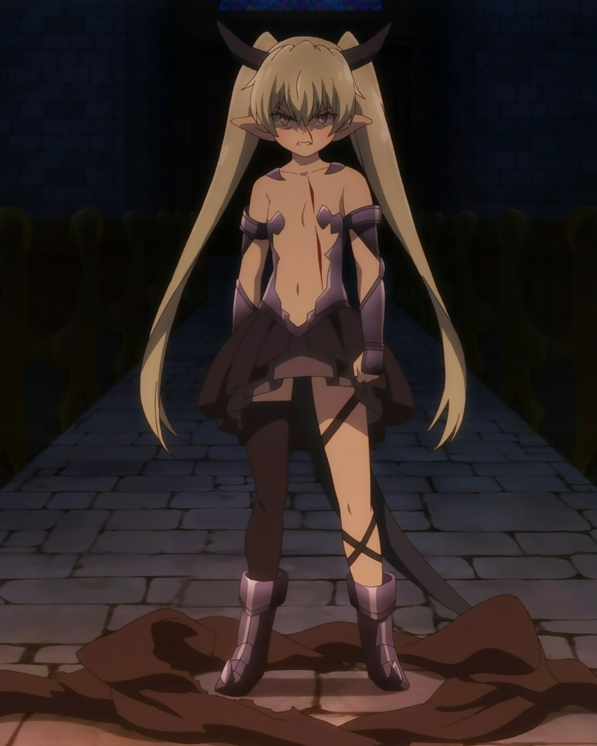 angry ankle_boots bangs black_horns black_legwear boots clenched_hands clenched_teeth demon_horns flat_chest grey_hair highres horns isekai_maou_to_shoukan_shoujo_dorei_majutsu krebskrum long_hair looking_at_viewer navel pointy_ears purple_eyes screencap single_thighhigh solo stitched teeth thighhighs third-party_edit twintails very_long_hair