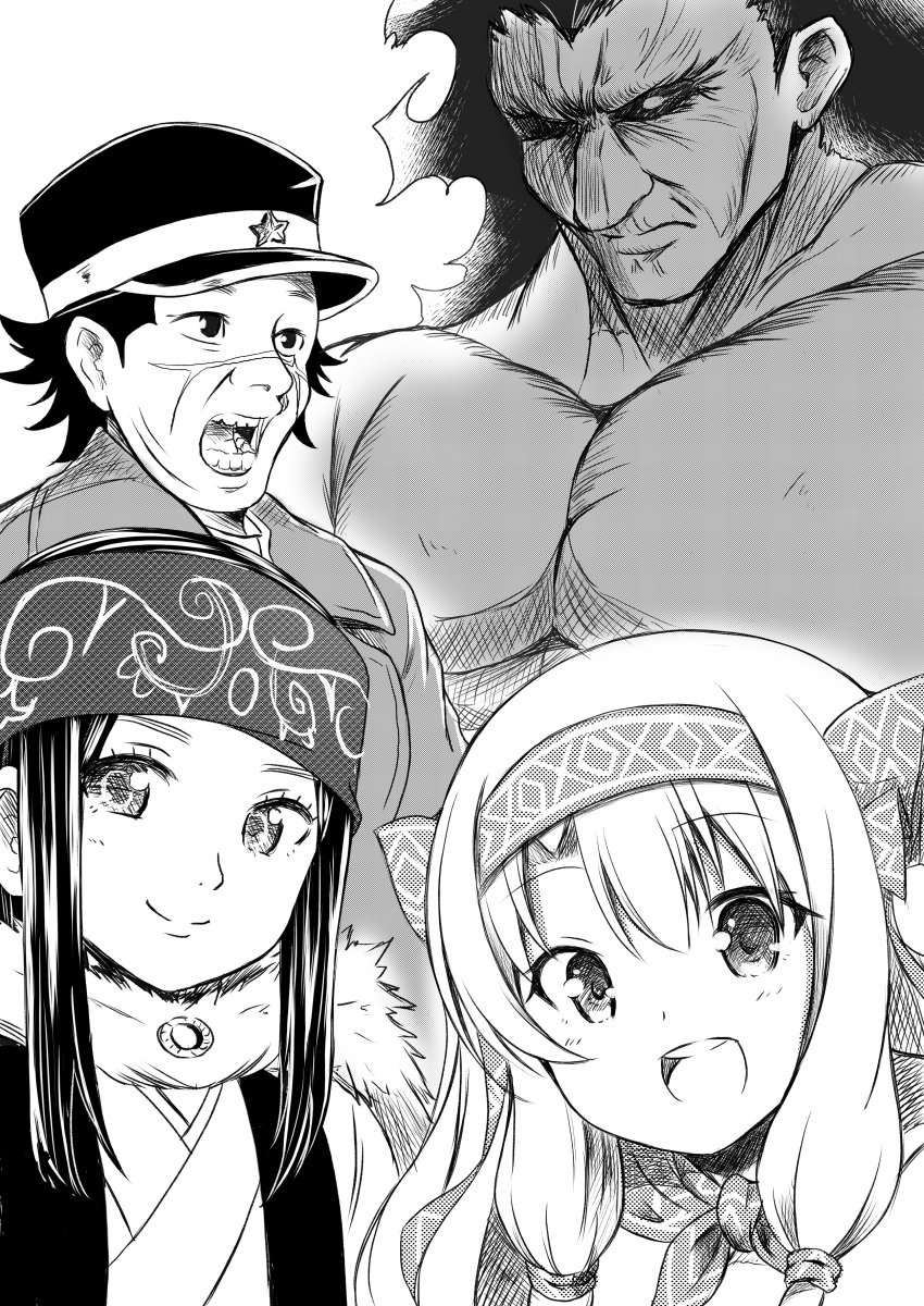 2girls absurdres ainu ainu_clothes asirpa bandana berserker commentary crossover dark_skin dark_skinned_male facial_scar fate/grand_order fate_(series) fur_collar golden_kamuy greyscale hair_tie hat headband highres illyasviel_von_einzbern long_hair looking_at_viewer military_hat monochrome multiple_boys multiple_girls scar shibakame short_hair sidelocks sitonai sugimoto_saichi