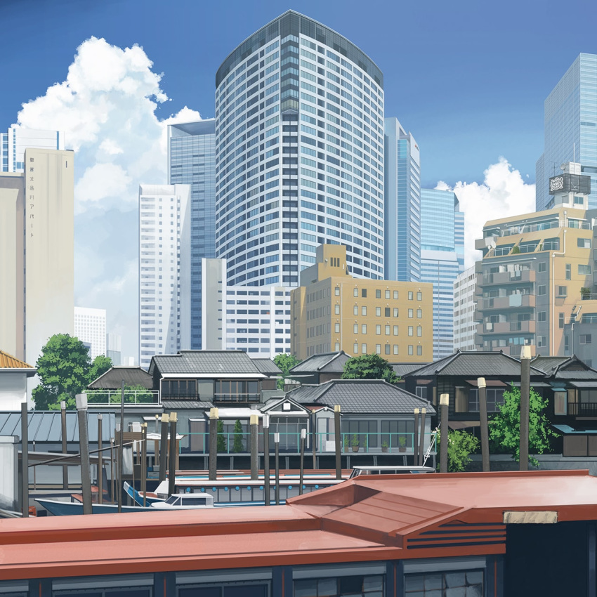 architecture blue_sky boat building city cloud cloudy_sky day dock dog east_asian_architecture highres kusakabe_(kusakabeworks) no_humans original photo-referenced pole real_world_location revision scenery sky tokyo_(city) tree watercraft