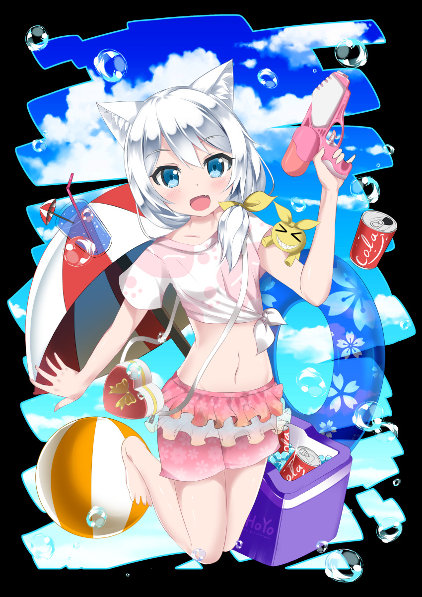 absurdres animal_ears ball barefoot beachball benghuai_xueyuan blue_eyes blue_sky blush bow can cat_ears catstudioinc_(punepuni) cloud cup day drinking_glass drinking_straw eyebrows_visible_through_hair fang frills hair_bow hair_over_shoulder heart-shaped_bag highres honkai_impact ice innertube long_hair looking_at_viewer midriff navel open_mouth parasol shirt shorts side-tie silver_hair sky solo theresa_apocalypse tied_shirt umbrella water_gun