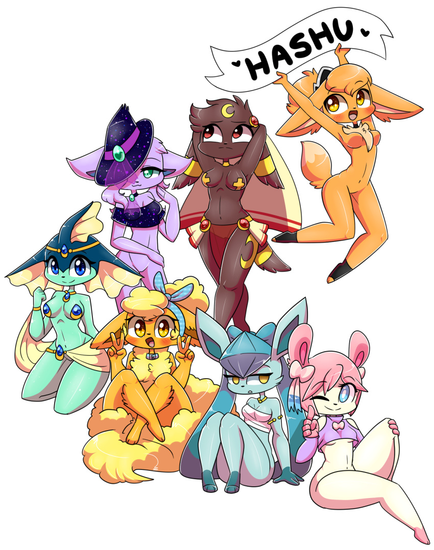 allison_(hashu) amelie_(hashu) anthro artist breasts cascade_(hashu) clothed clothing eevee eeveelution espeon female flareon freya_(hashu) glaceon group_picture hashu invalid_tag lucina_(hashu) nintendo nipple_tape pasties pok&eacute;mon pok&eacute;mon_(species) queenie_(hashu) skimpy sylveon tape umbreon vaporeon vendetta_(hashu) video_games