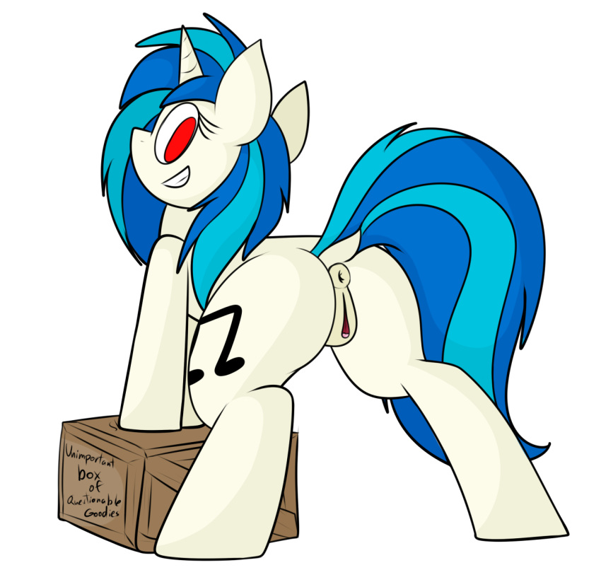 alpha_channel animal_genitalia animal_pussy anus box butt english_text equine equine_anus equine_pussy eyelashes female hair horn horse looking_back mammal mr.rottson multicolored_hair my_little_pony pony pussy red_eyes smile spread_legs spreading text two_tone_hair vinyl_scratch_(mlp) white_skin