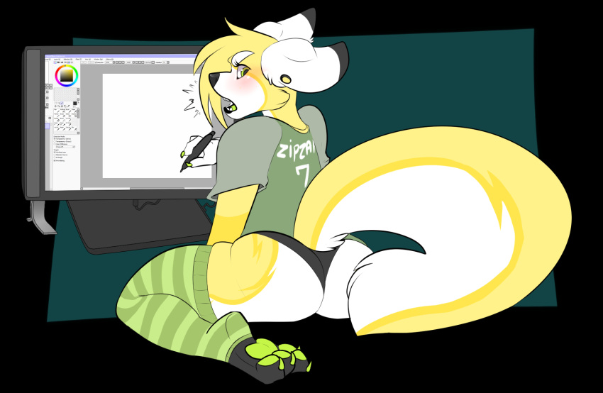 2017 4_toes anthro artist black_nose blush butt canine claws clothing computer corgi dog drawing ear_piercing eyebrows eyelashes feet female fennec finger_claws forgi fox fur green_claws green_eyes green_pawpads green_paws green_tongue hair holding_object hybrid jersey legwear looking_back mammal multicolored_fur open_mouth pawpads paws pencil_(disambiguation) piercing sitting solo stockings surprise teeth toe_claws toes two_tone_fur underwear white_eyebrows zipzap zipzap_(character)