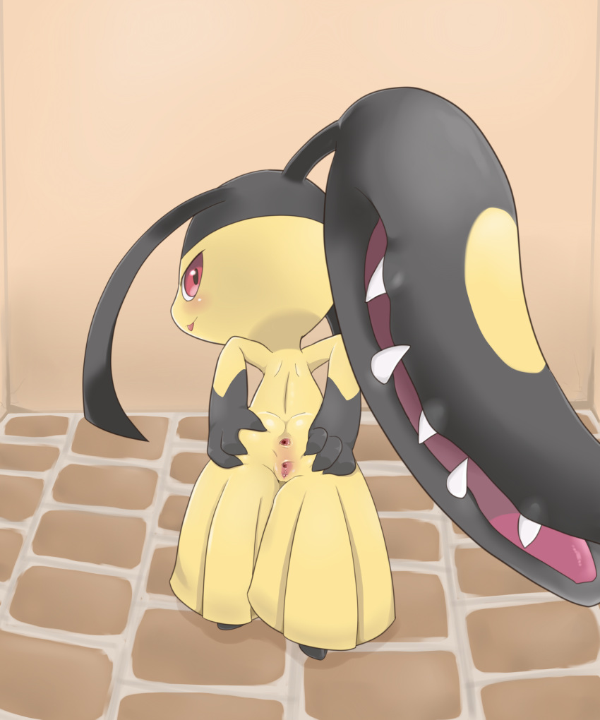 :3 anus black_hair blush butt clitoris female full_body hair hi_res humanoid looking_at_viewer looking_back mawile nintendo nude pok&eacute;mon pok&eacute;mon_(species) presenting pussy rear_view red_eyes sake_(pixiv) smile solo spread_anus spread_butt spread_pussy spreading standing teeth tongue tongue_out uncensored urethra video_games