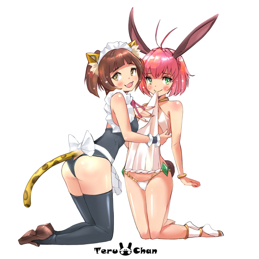 ahoge animal_ears apron artist_name ass bikini_top black_legwear brown_eyes brown_hair bunny_ears bunny_tail cat_ears cat_tail character_request commentary_request face-to-face green_eyes hand_on_another's_chest hand_on_own_chest highres isekai_maou_to_shoukan_shoujo_dorei_majutsu kneeling lifted_by_self loincloth loincloth_lift looking_at_viewer maid_headdress mouth_hold multiple_girls nail_polish navel one-piece_swimsuit open_mouth panties pink_hair shoes short_hair short_twintails simple_background smile swimsuit sylvie_(isekai_maou_to_shoukan_shoujo_dorei_majutsu) tail tail_slit_clothes tail_through_clothes teruchan thighhighs twintails underwear waist_apron white_background white_panties
