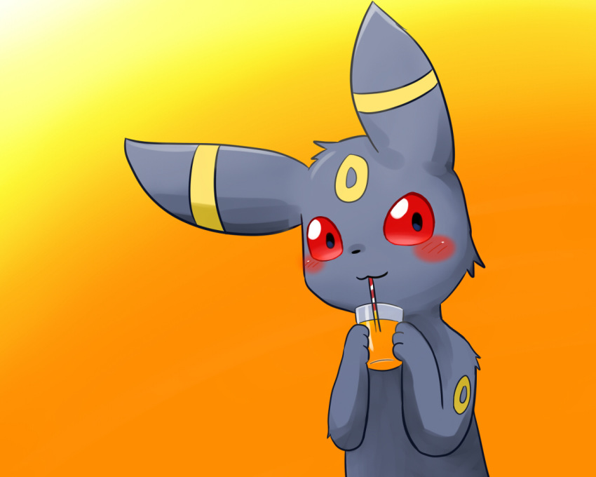 3_fingers :3 ambiguous_gender black_fur black_nose blush canine cup cute drinking ears_up eeveelution fluffy_ears fur gradient_background long_ears looking_at_viewer mammal nintendo orange_background pok&eacute;mon pok&eacute;mon_(species) red_eyes semi-anthro simple_background snout solo straw sum umbreon video_games