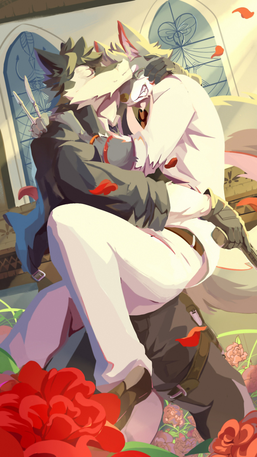 canid canine canis clothing daylight discordnight dragon flower gloves gun hug jacket male male/male mammal necktie plant ranged_weapon relax_lion rose scalpel suit sunset weapon white_suit wolf