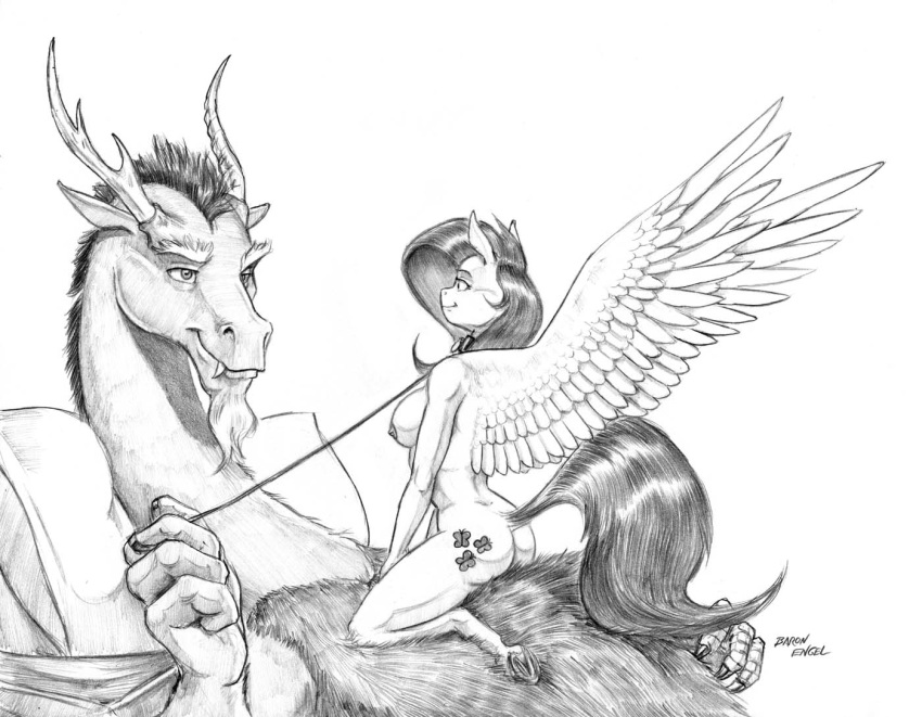 2019 anthro anthrofied baron_engel beard breasts claws collar cowgirl_position cutie_mark discord_(mlp) draconequus duo equine eye_contact facial_hair fangs feathered_wings feathers female fluttershy_(mlp) friendship_is_magic greyscale half-closed_eyes holding_leash holding_object horn imminent_sex leash male male/female mammal monochrome my_little_pony nipples nude on_top pegasus petplay roleplay sex side_boob simple_background size_difference smile spread_wings straddling tail_tuft teeth toe_claws traditional_media_(artwork) tuft underhoof white_background wings
