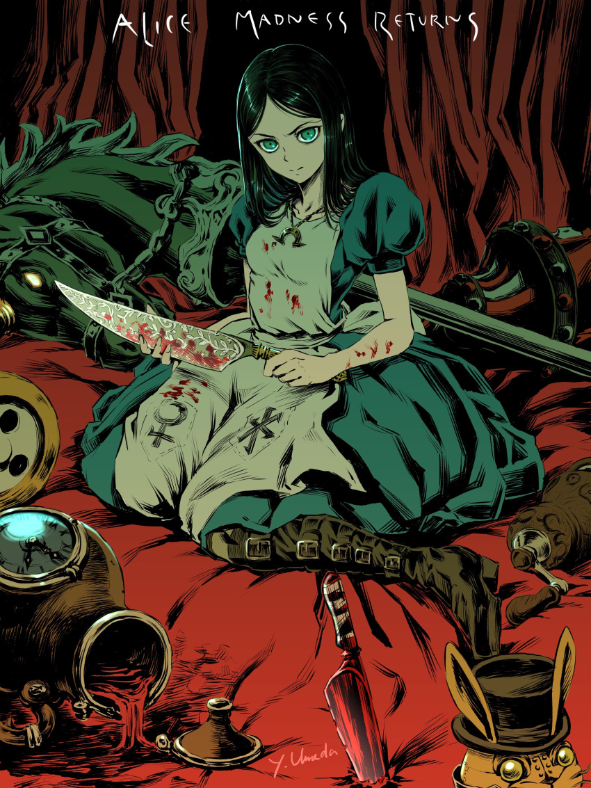 1girl alice:_madness_returns alice_(wonderland) alice_in_wonderland alice_liddell american_mcgee's_alice apron black_footwear black_hair boots breasts dress green_eyes knife long_hair puffy_short_sleeves puffy_sleeves short_sleeves small_breasts solo striped striped_legwear thighhighs weapon