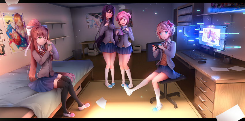 4girls ;) absurdres black_legwear blue_skirt blush bow brown_hair chair citrus_(saburouta) commentary commission doki_doki_literature_club english_commentary eyebrows_visible_through_hair eyes_visible_through_hair flash_drive glitch green_eyes grey_jacket hair_bow hair_ribbon handheld_game_console happy_tears highres indoors jacket jpeg_artifacts kneehighs letterboxed long_hair manga_(object) meta monika_(doki_doki_literature_club) monitor multiple_girls natsuki_(doki_doki_literature_club) office_chair on_bed one_eye_closed open_clothes open_jacket pink_hair pleated_skirt ponytail poster_(object) purple_hair reading red_bow ribbon room sayori_(doki_doki_literature_club) school_uniform shoes short_hair sitting skirt smile tears thighhighs tsukimaru two_side_up uwabaki very_long_hair white_legwear white_ribbon yuri yuri_(doki_doki_literature_club)