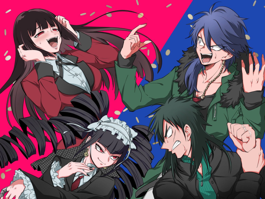 2girls arisugawa_dice black_hair black_nails blazer blue_hair celestia_ludenberck coin crossover danganronpa danganronpa_1 drill_hair gothic_lolita hime_cut hypnosis_mic itou_kaiji jabami_yumeko jacket kaiji kakegurui lolita_fashion long_hair maid_headdress multicolored multicolored_background multiple_boys multiple_crossover multiple_girls nail_polish red_eyes scar school_uniform shachoo_(poco_poco) simple_background sweat trait_connection twin_drills two-tone_background very_long_hair