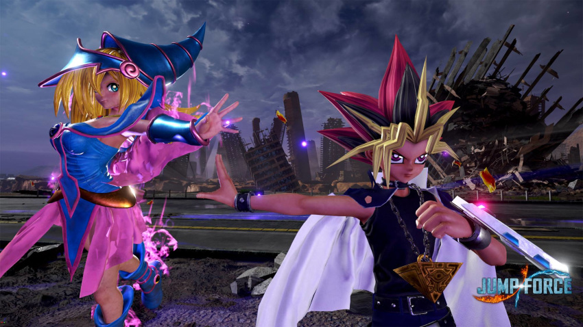 3d blonde_hair boots breasts card choker cleavage coat dark_magician_girl dragon duel_disk hat jump_force large_breast leotard miniskirt mutou_yugi pants screencap skirt staff tagme witch_hat yami_yuugi yu-gi-oh!