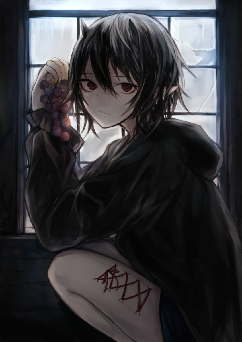 1girl absurdres arm_up bangs black_hair black_hoodie corset_piercing food fruit grapes hair_between_eyes hasunokaeru highres holding holding_food holding_fruit hood hood_down hoodie horns indoors looking_at_viewer looking_to_the_side original parted_lips pointy_ears red_eyes solo squatting stitches window