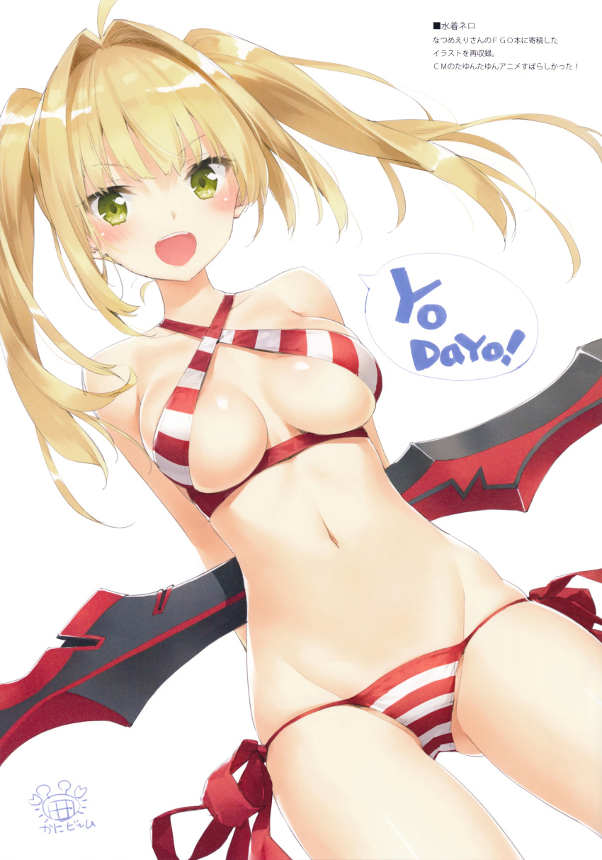 :d absurdres aestus_estus ahoge arms_behind_back ass_visible_through_thighs bare_shoulders bikini blonde_hair breasts cowboy_shot criss-cross_halter cropped dutch_angle eyebrows_visible_through_hair fate/grand_order fate_(series) green_eyes hair_intakes halterneck highres huge_filesize long_hair looking_at_viewer lowleg lowleg_bikini medium_breasts navel nero_claudius_(fate)_(all) nero_claudius_(swimsuit_caster)_(fate) open_mouth peko scan side-tie_bikini simple_background smile solo striped striped_bikini swimsuit twintails v-shaped_eyebrows white_background