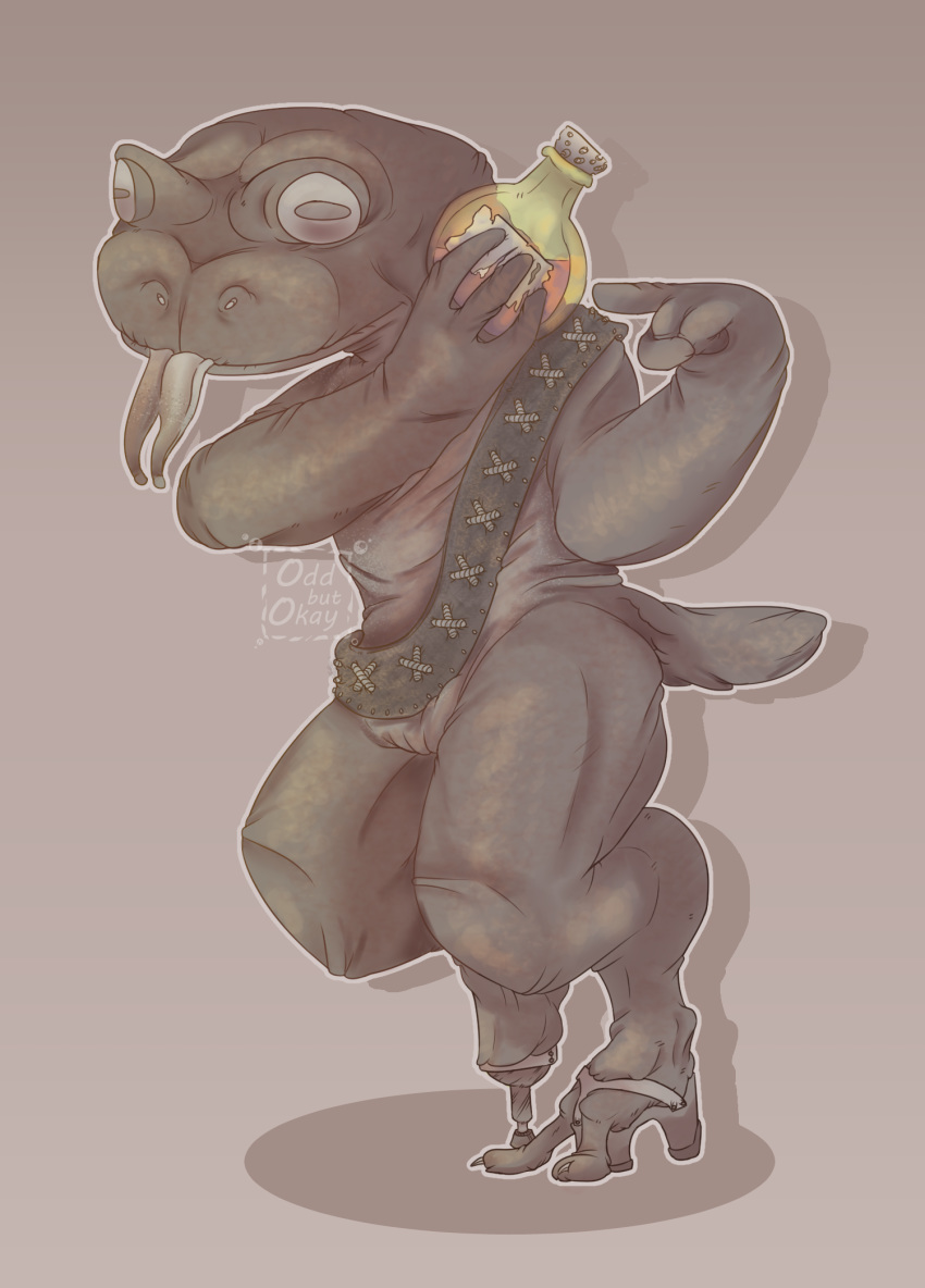 amphibian anthro belt claws clothed clothing digital_media_(artwork) footwear hi_res male merchant newt nude painted pegleg potion sash selling simple_background smile tongue tongue_out