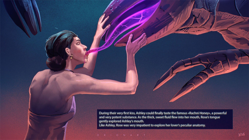 ashley_williams bestiality clothing digital_media_(artwork) duo english_text eyes_closed female feral goo_(disambiguation) human interspecies kissing mammal mass_effect neon not_furry orionart rachni rachni_queen simple_background sucking text text_box tongue tongue_out unknown_species video_games