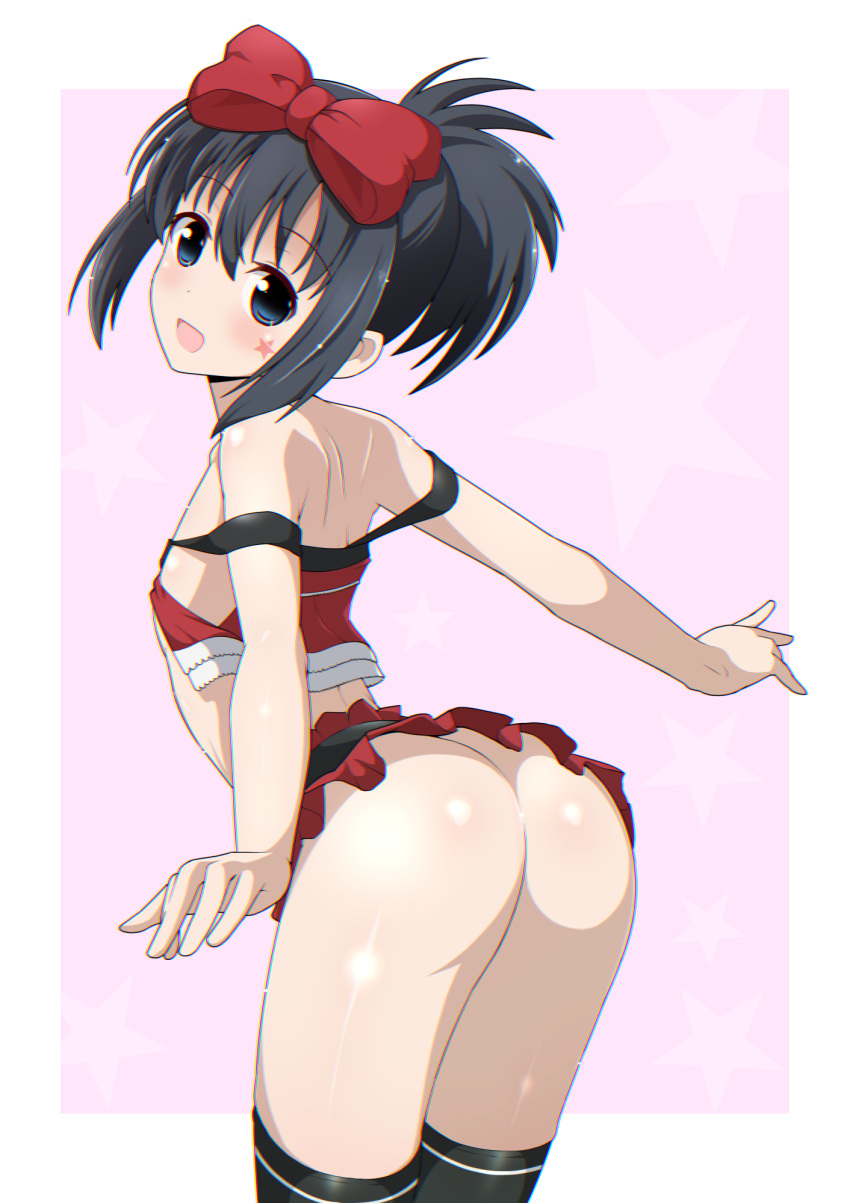 arched_back ass bare_shoulders black_hair black_legwear blue_eyes blush bow chromatic_aberration cuffs flat_chest from_behind hair_bow highres kunihiro_hajime legs_together looking_at_viewer looking_back no_panties ponytail revealing_clothes saki shiny shiny_hair shiny_skin short_hair skirt smile solo standing star thighhighs xiao_rui_rui