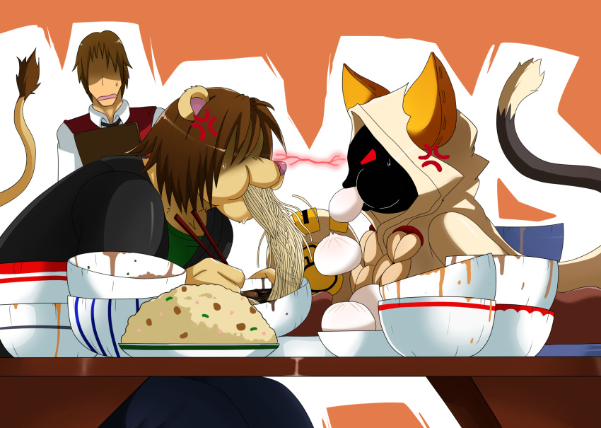 angry animal_humanoid anthro blazblue brown_hair cat cat_humanoid digital_media_(artwork) eating eye_contact feline female food group hair human humanoid kaka lion male mammal noodles red_eyes sssonic2 taokaka video_games