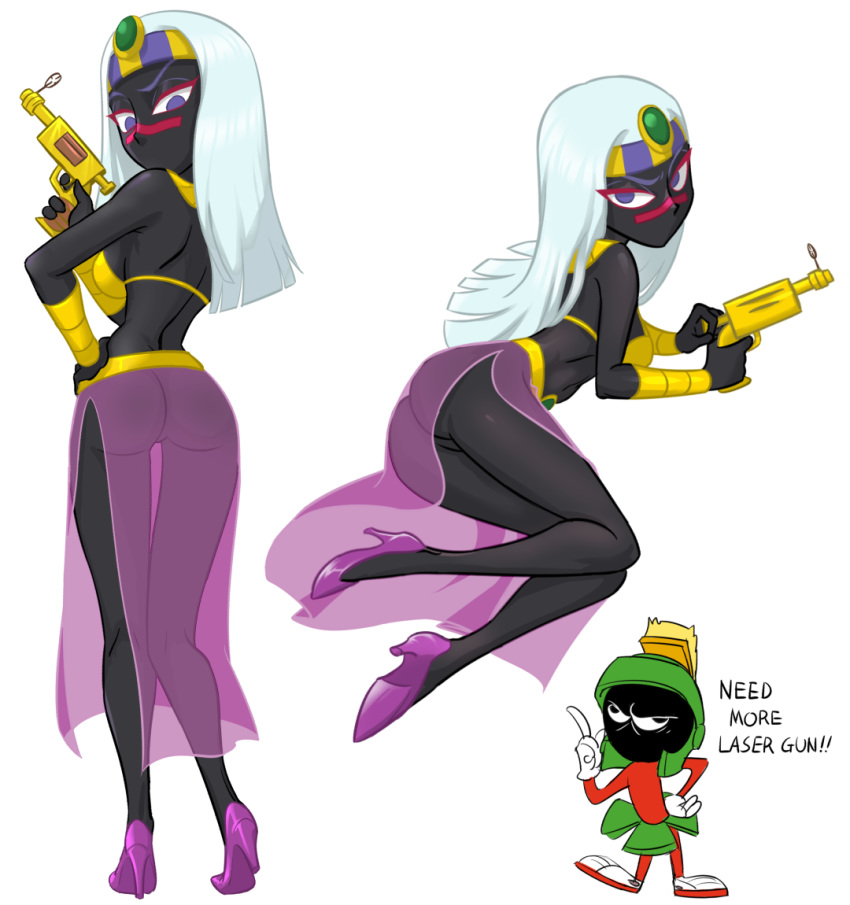 2018 4_fingers alien black_skin breasts butt butt_pose clothed clothing digital_media_(artwork) duo female gun hair holding_object holding_weapon male not_furry purple_eyes queen_tyr'ahnee ranged_weapon simple_background ta-na translucent transparent_clothing weapon white_background white_hair