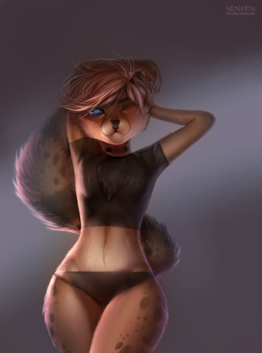 abs barbells blue_eyes brown_fur chest_tuft clothing collar crop_top facial_piercing feline feline_coraline female fluffy fluffy_tail fur fy'rah hair ino_(kin) kin~ mammal multicolored_fur naturally_censored nipple_piercing nipples nose_piercing panties piercing septum_piercing shirt spots story story_in_description stripes tail_tuft tired tuft two_tone_fur underwear white_hair wide_hips xiongfeng95 xngfng95