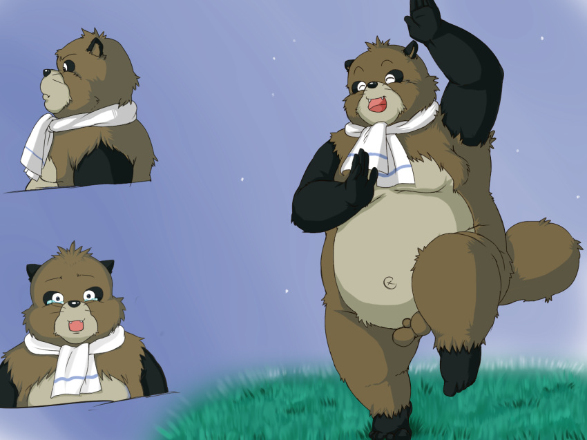 2011 anthro balls belly brown_fur canine eyes_closed fur ghibli humanoid_hands kusunokisippo male mammal moobs navel night overweight overweight_male penis pom_poko scarf solo tanuki