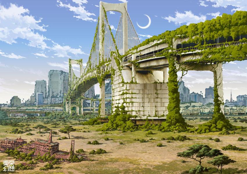 cityscape cloud day highres landmark minato_(tokyo) moon no_humans original overgrown real_world_location ruins scenery sky tokyo_(city) tokyo_rainbow_bridge tokyo_tower tokyogenso