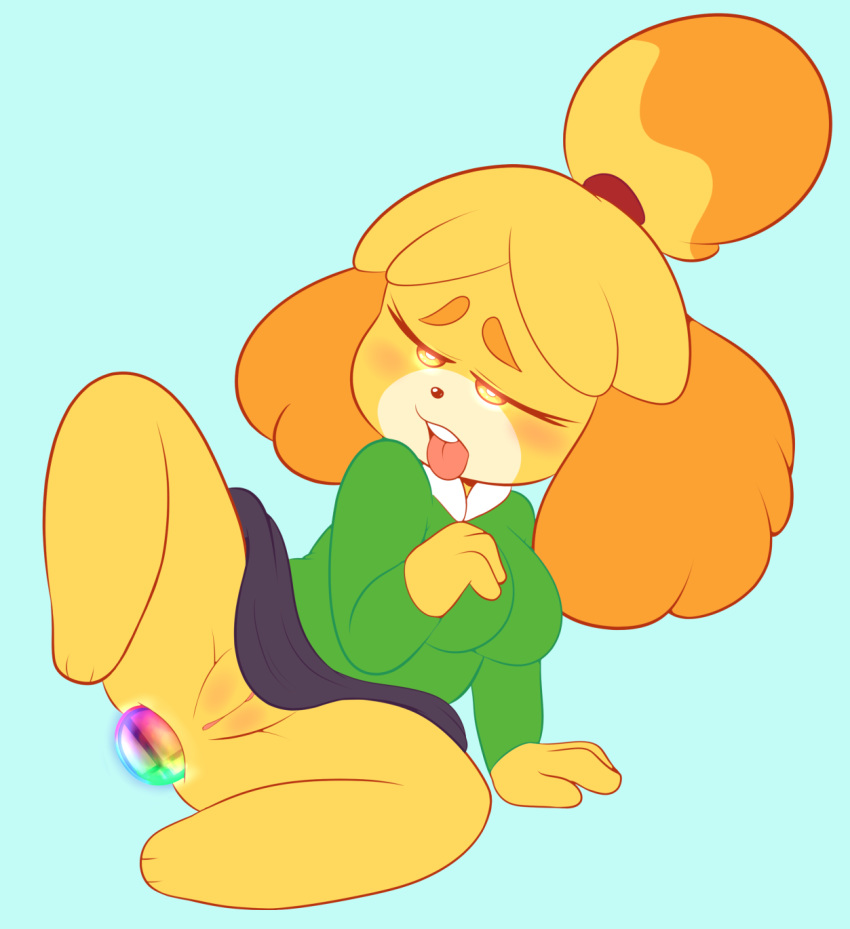 2018 anal anal_penetration animal_crossing anthro canine cyan_background dog female hi_res isabelle_(animal_crossing) mammal midnight-kinky-kitsune nintendo penetration pussy short_stack solo super_smash_bros tongue video_games