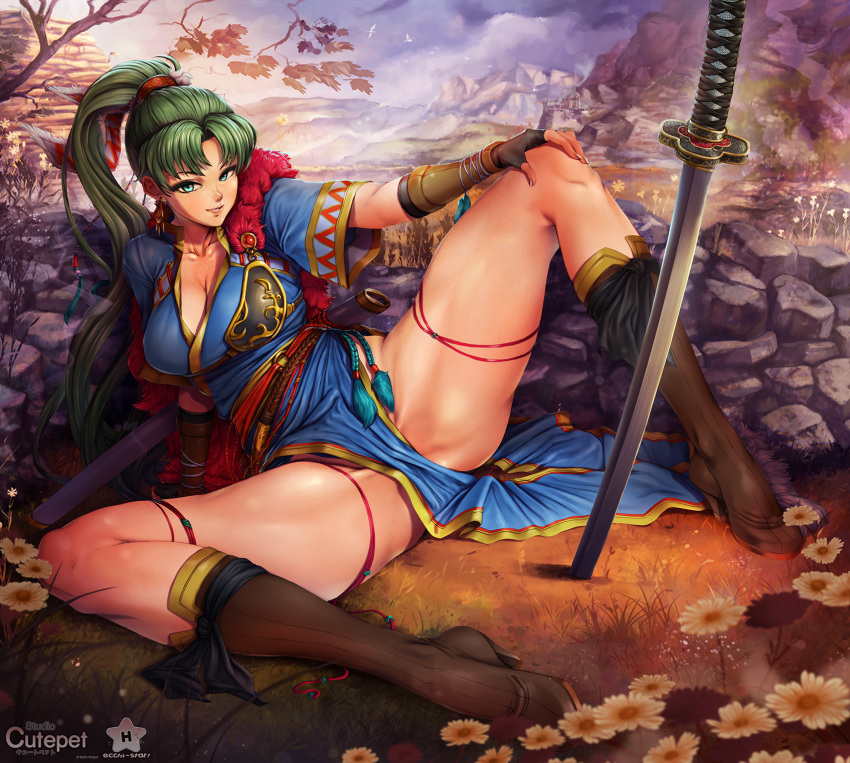 banned_artist boots bow_(weapon) breasts cleavage commentary cutepet earrings english_commentary fantasy fingerless_gloves fire_emblem fire_emblem:_rekka_no_ken fire_emblem_heroes full_body fur_trim gloves gold_trim green_eyes green_hair groin hand_on_own_knee high_heel_boots high_heels high_ponytail highres jewelry katana knee_boots knees large_breasts legs long_hair lyndis_(fire_emblem) mountain nature o-ring outdoors pelvic_curtain pinup plains planted_sword planted_weapon ponytail realistic short_sleeves side_slit smile solo spread_legs sword tassel weapon wide_sleeves