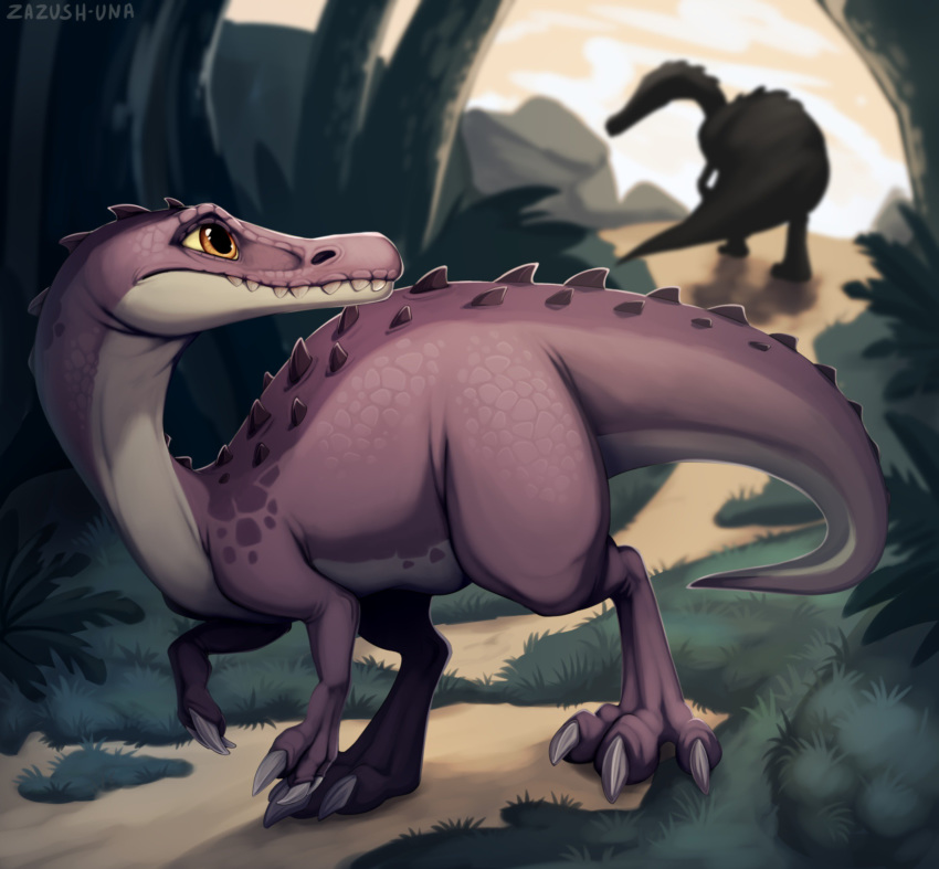 2018 baryonyx claws detailed_background digital_media_(artwork) dinosaur duo feral grass reptile scalie standing teeth zazush-una