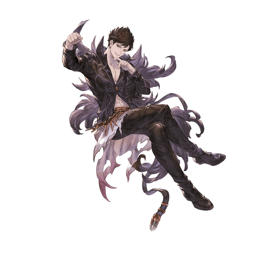 belial_(granblue_fantasy) black_pants black_shirt brown_eyes brown_hair crossed_legs feather_boa full_body granblue_fantasy grin hand_on_own_chin highres non-web_source official_art pants shirt short_hair smile transparent_background