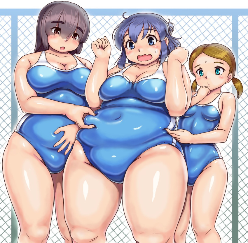 bangs bare_shoulders belly belly_grab belly_poke big_belly bindi blush breasts chain-link_fence cleavage commentary_request covered_navel embarrassed eyebrows_visible_through_hair fat fat_folds fat_step-sister_(orizen) fence hands_up highres large_breasts legs_apart multiple_girls original orizen outdoors plump school_swimsuit shiny shiny_clothes shiny_skin short_hair short_twintails size_difference skin_tight skinny small_breasts standing sweatdrop swimsuit thick_eyebrows thick_thighs thighs twintails weight_conscious wide_hips