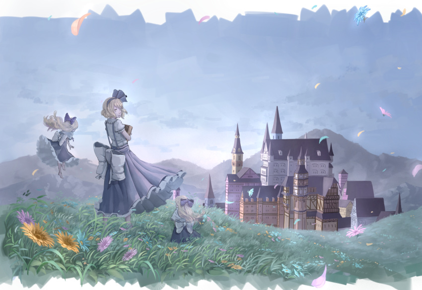 alice_in_wonderland alice_margatroid alice_margatroid_(pc-98) barefoot blonde_hair blue_hairband book bow castle commentary dusk floating_hair flower flying grass grimoire hairband highres hill huge_bow letterboxed looking_to_the_side meadow multiple_girls nagi_(xx001122) nature outdoors petals scenery shanghai_doll short_hair skirt suspenders touhou touhou_(pc-98) wind yellow_eyes