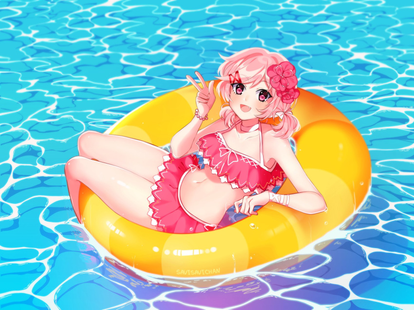 :d bead_bracelet beads bikini bracelet commentary doki_doki_literature_club english_commentary eyebrows_visible_through_hair fanf flower hair_flower hair_ornament highres innertube jewelry low_twintails medium_hair natsuki_(doki_doki_literature_club) navel open_mouth pink_eyes pink_hair savi_(byakushimc) short_twintails smile solo swimsuit twintails w water yellow_innertube