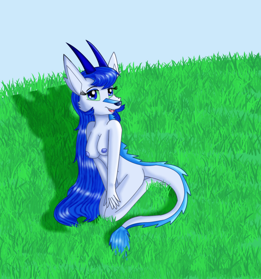 2018 anthro blue_eyes blue_hair breasts digital_media_(artwork) dragon eastern_dragon fan_character female hair horn kendratheshinyeevee long_hair looking_at_viewer nipples nude open_mouth pussy reptile scalie sitting solo