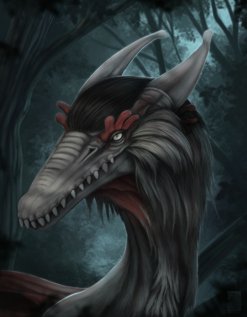 2018 ambiguous_gender curved_horn detailed_background digital_media_(artwork) dragon fur grey_fur horn keltaan teeth