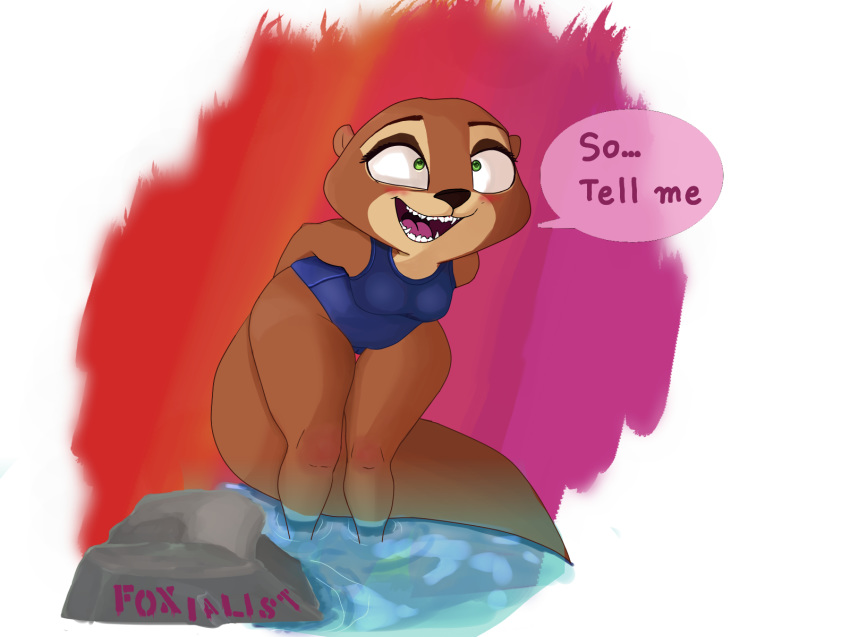 anthro blush breasts clothed clothing dialogue digital_media_(artwork) disney english_text fan_character female green_eyes hi_res mammal mustelid one-piece_swimsuit open_mouth otter question randomlist river semi-anthro solo swimsuit text water zoe_ottero zootopia