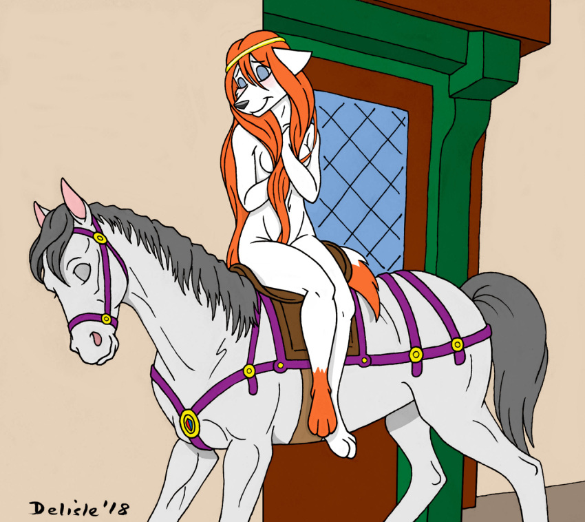 2018 anthro blush breasts code_name:_hunter delisle equine eyes_closed eyeshadow female feral fur hair horse long_hair makeup mammal navel nude orange_hair ruby_pyrenees white_fur