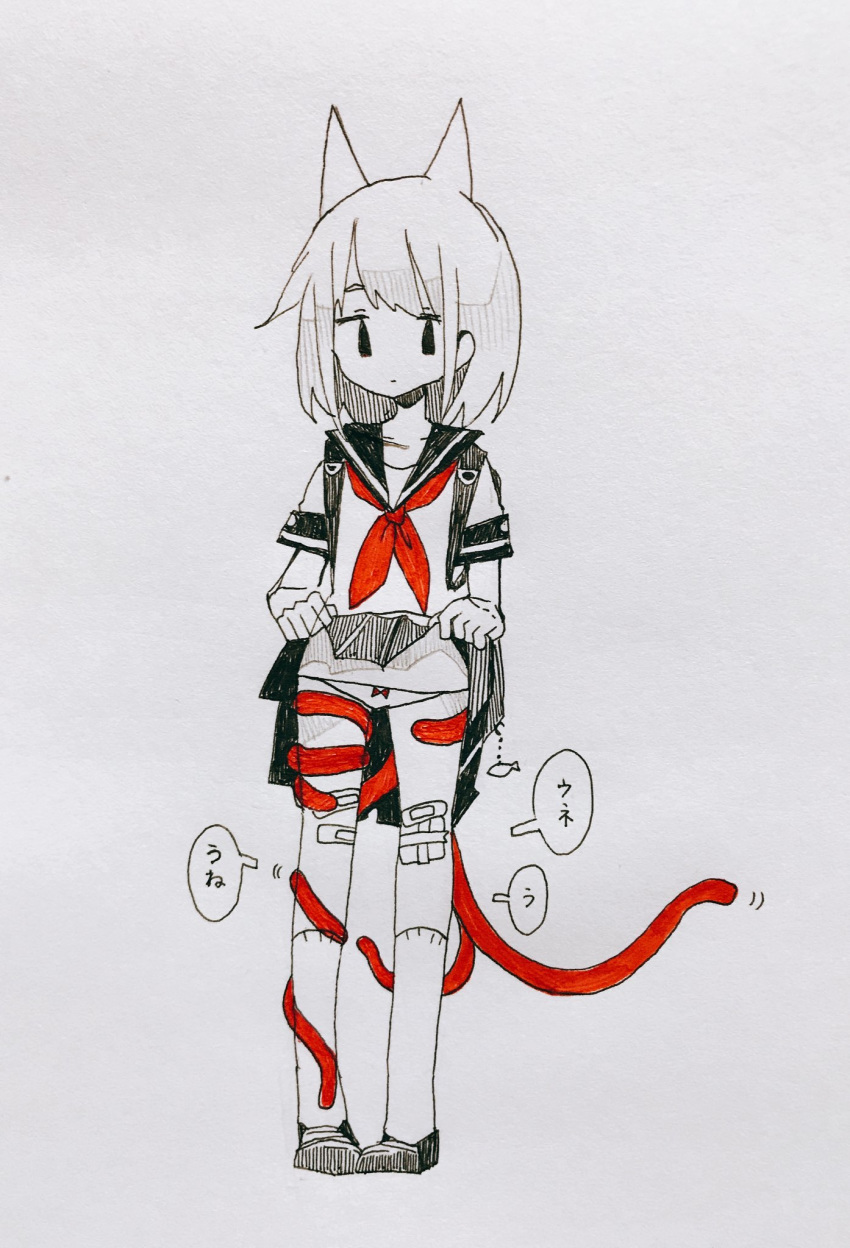 animal_ears bandaid_on_leg bangs bow bow_panties cat_ears cat_tail charm_(object) commentary_request eguchi_saan fish_charm highres kneehighs lifted_by_self long_tail looking_to_the_side monochrome neckerchief original panties paper_(medium) pen_(medium) photo pigeon-toed pleated_skirt red_bow red_neckwear red_tail sailor_collar short_hair short_sleeves simple_background skirt solo speech_bubble stomach tail underwear