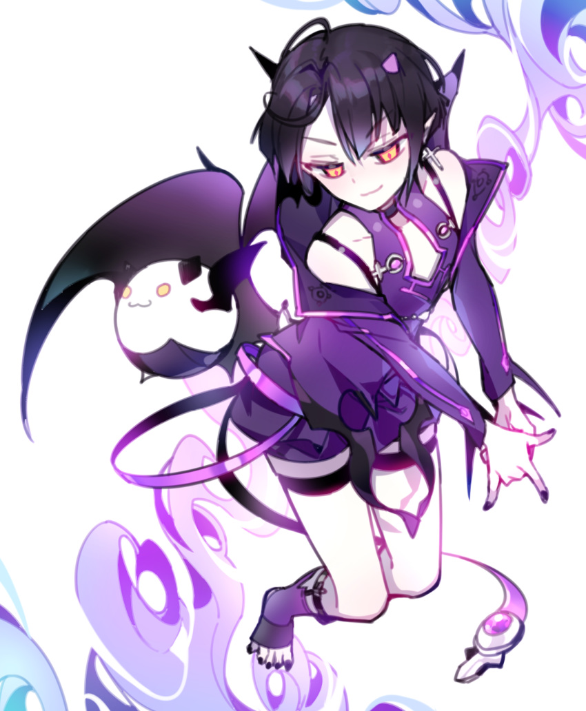 angkor_(elsword) barefoot bat_wings black_hair chuki_(lydia) collarbone demon_boy earrings elsword eyebrows_visible_through_hair highres horns jewelry otoko_no_ko short_hair smile wings yellow_eyes