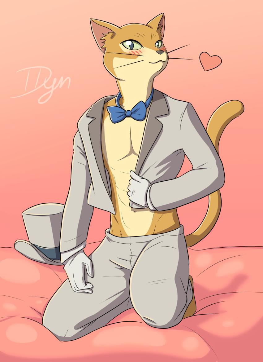 &lt;3 :3 abs anthro barefoot black_nose blush bow_tie cat clothed clothing digital_media_(artwork) duskdragyn feline fur ghibli gloves hat hi_res kneeling looking_at_viewer male mammal multicolored_fur navel open_shirt orange_fur pink_background signature simple_background slacks slit_pupils smile solo suit suit_jacket tan_fur the_cat_returns top_hat two_tone_fur undressing whiskers white_gloves